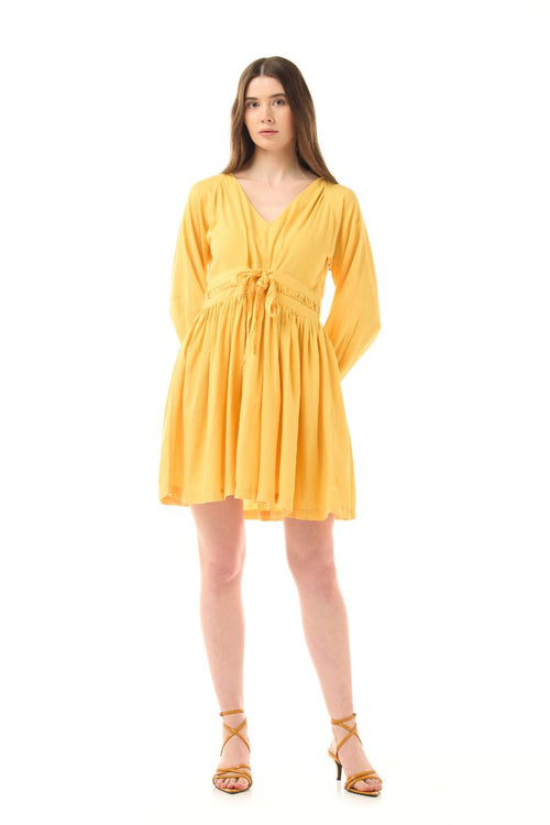 LINEN PLUNGED YELLOW MINI DRESS