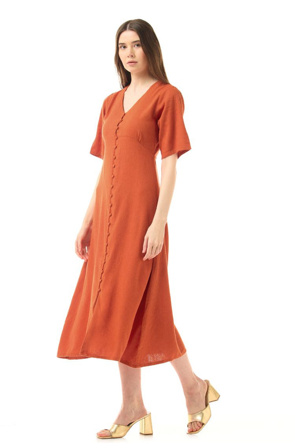 LINEN SLEEKLINE ORANGE BUTTON DRESS