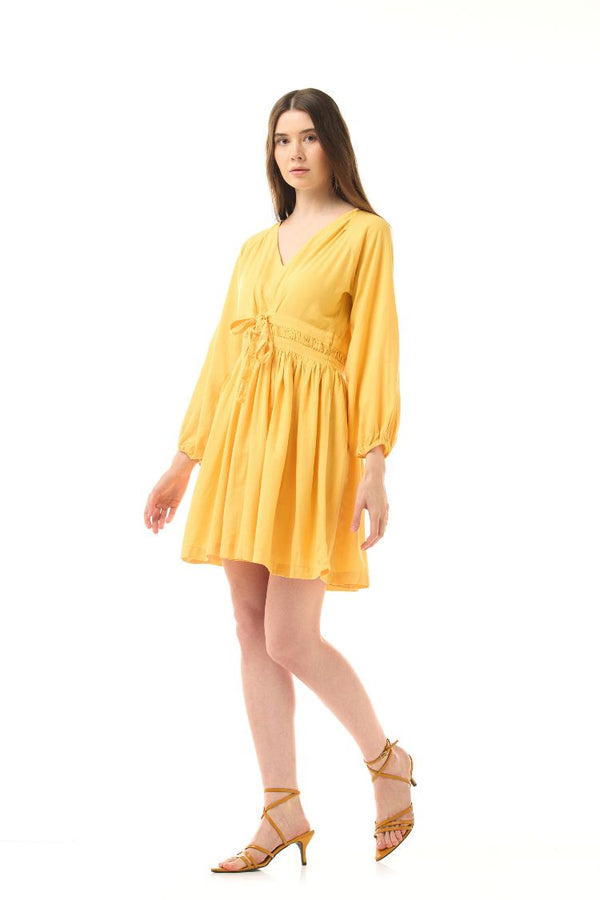 LINEN PLUNGED YELLOW MINI DRESS