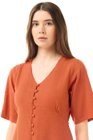 LINEN SLEEKLINE ORANGE BUTTON DRESS