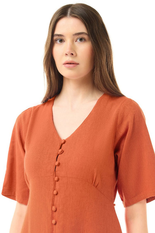 LINEN SLEEKLINE ORANGE BUTTON DRESS