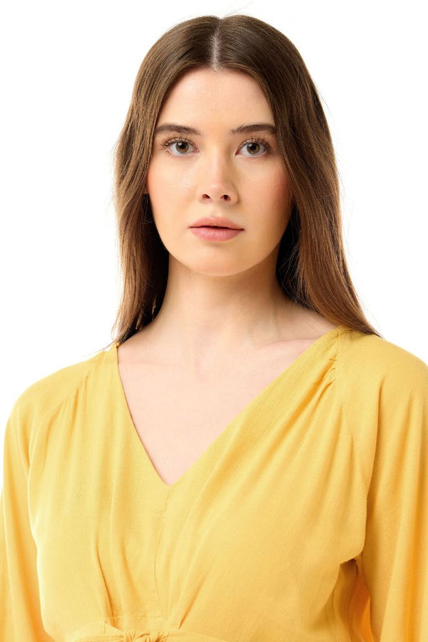 LINEN PLUNGED YELLOW MINI DRESS