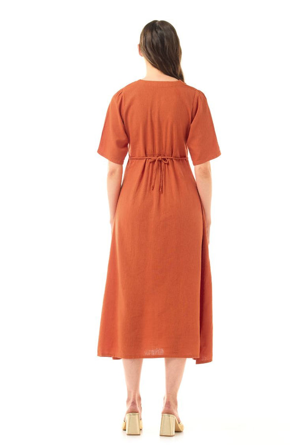 LINEN SLEEKLINE ORANGE BUTTON DRESS