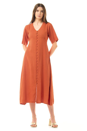 LINEN SLEEKLINE ORANGE BUTTON DRESS